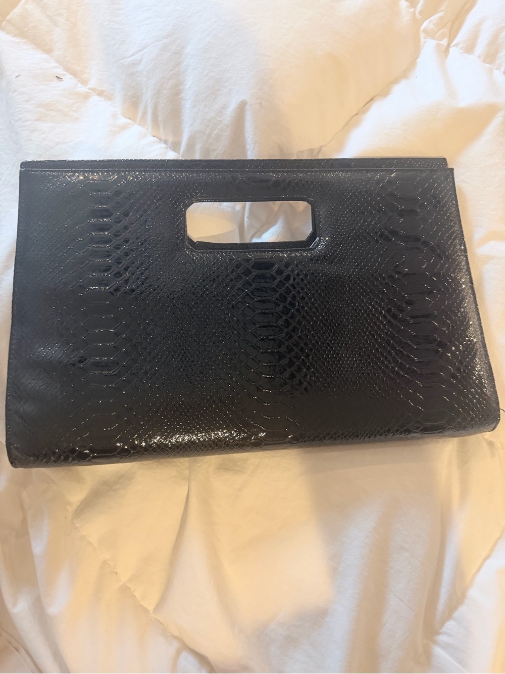 Black Textured Faux-Snake Clutch with Cutout Handle